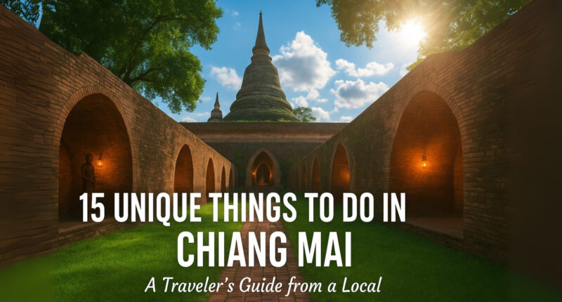 A beautiful, AI-generated image for a blog post titled "15 Unique Things to Do in Chiang Mai: A Traveler's Guide from a Local," showing a path leading through ancient stone arches towards a traditional Thai stupa.